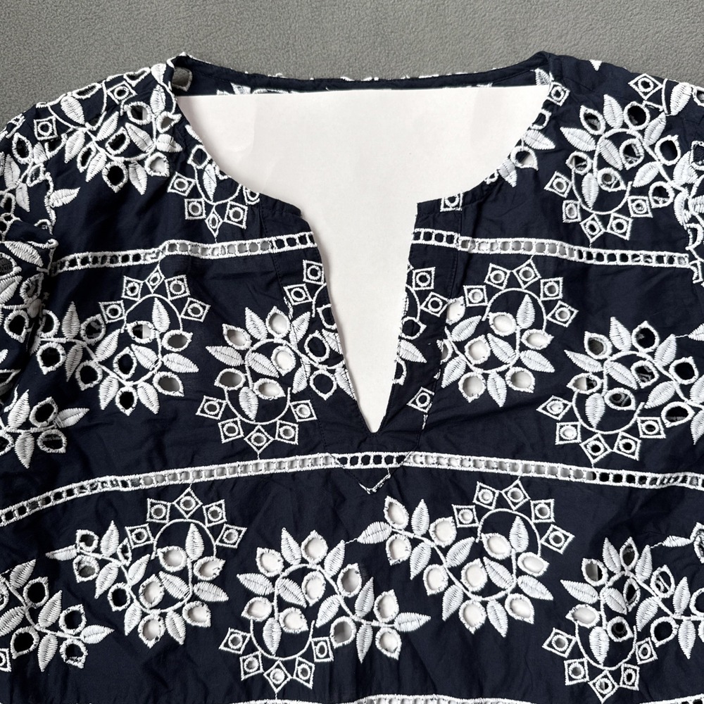 Chico's Navy Embroidered Eyelet Boho Top Balloon Sleeves V-Neck Womens 1